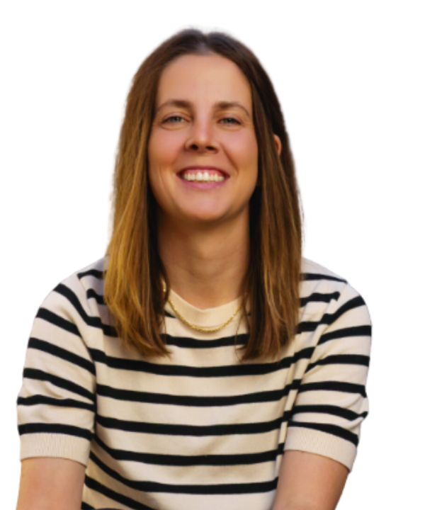 Head shot of woman with long hair wearing a black and white stripe shirt